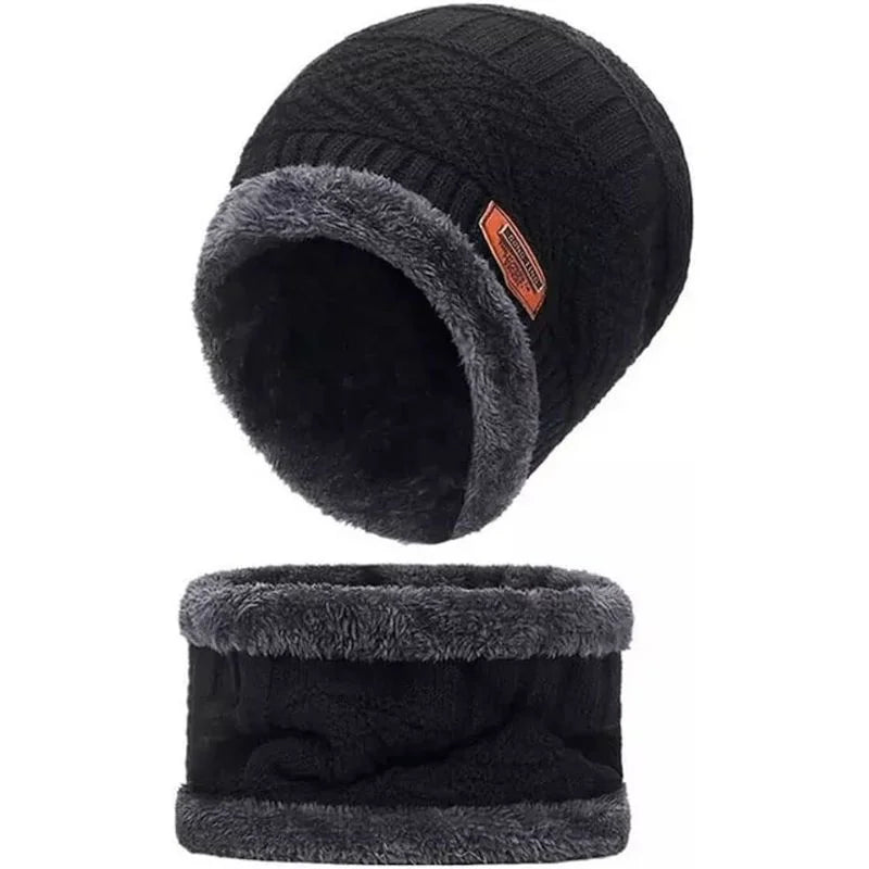 Winter Wool Cap with Neck Warmer Set | Thermal Beanie & Scarf Combo for Men and Women | Black And Gray