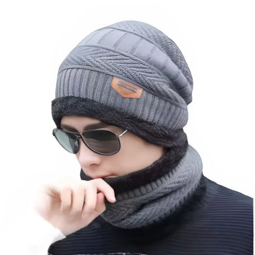 Winter Wool Cap with Neck Warmer Set | Thermal Beanie & Scarf Combo for Men and Women |  Gray
